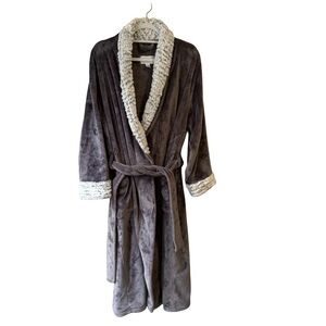 Midnight by Carole Hochman Charcoal Robe with Ivory Accents Size L Cozy Lounge